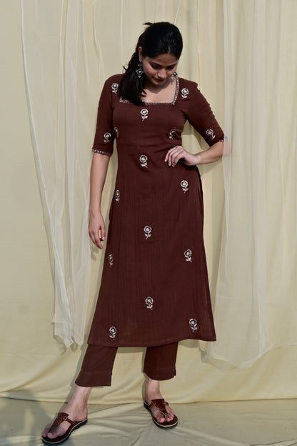 Mocha Bloom High Slit Kurta