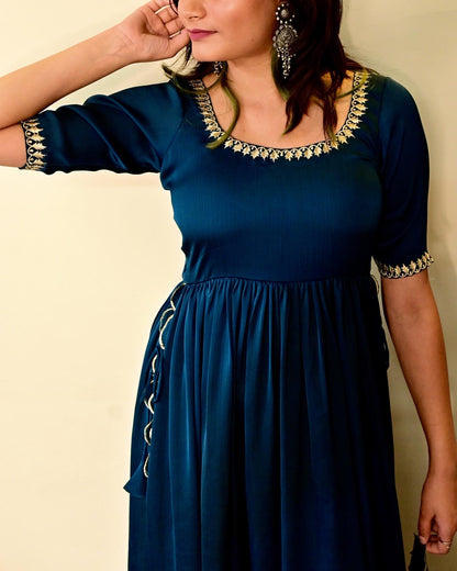 Peacock Blue Embroidered High Slit Suit Set