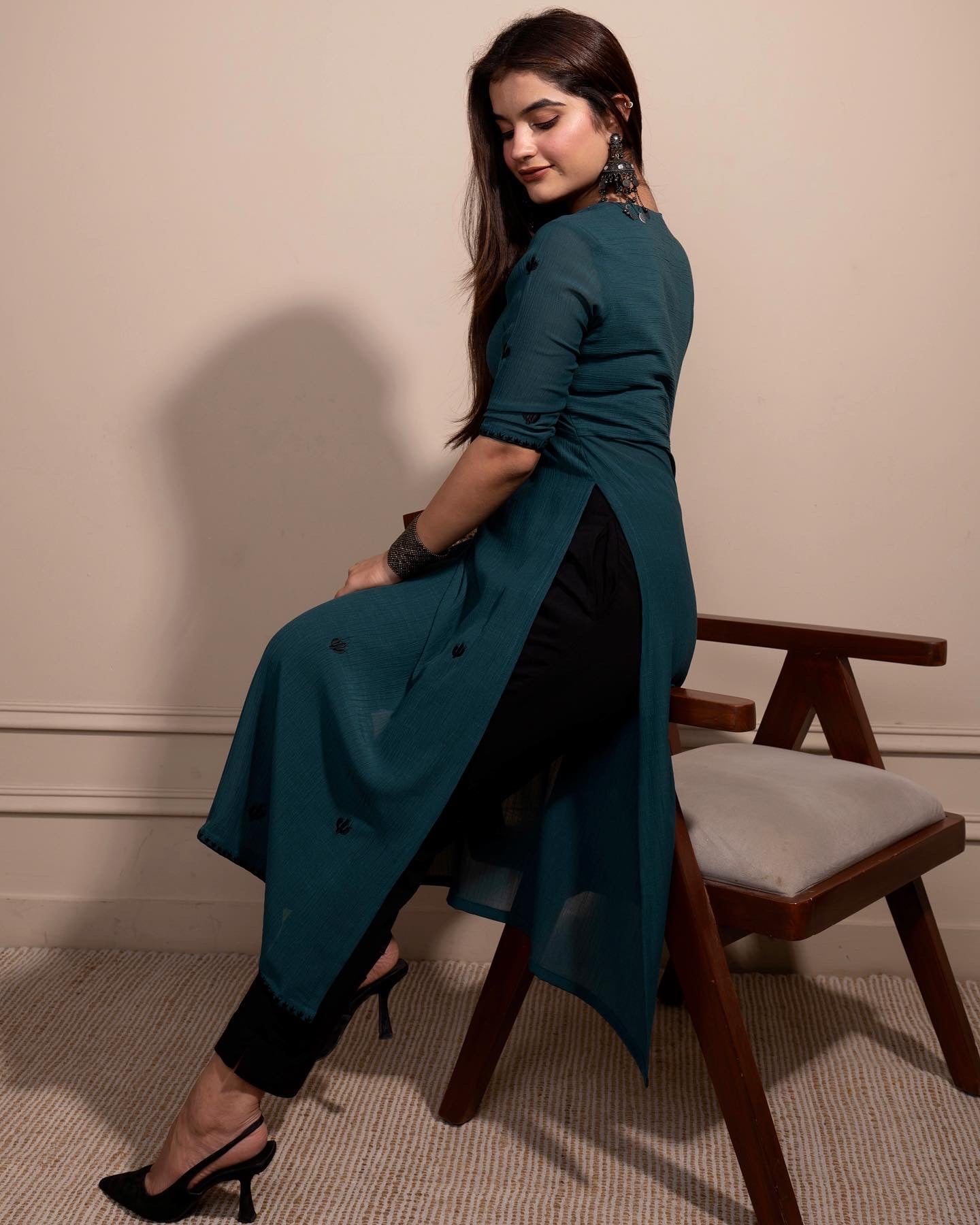Teal Cactus High Slit Kurta Set