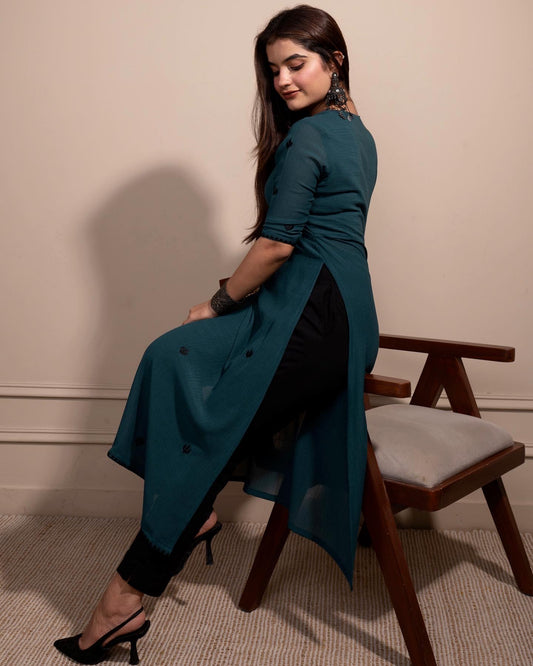 Teal Cactus High Slit Kurta Set