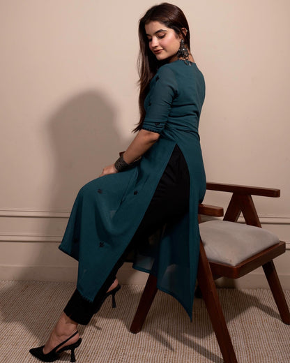 Teal Cactus High Slit Kurta Set