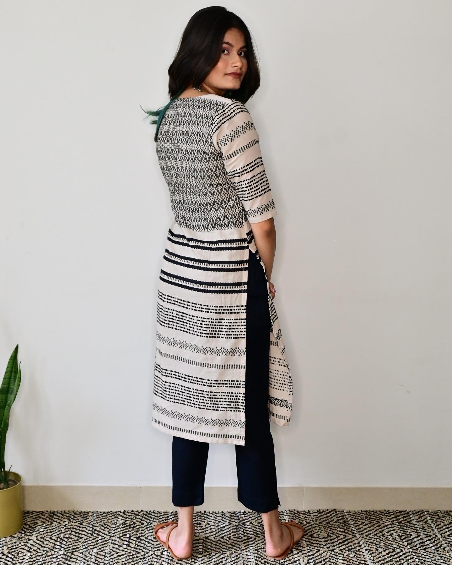 Beige & Black Printed Kurta Set