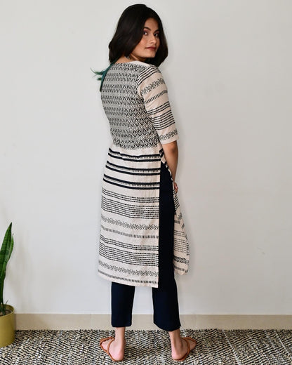 Beige & Black Printed Kurta Set
