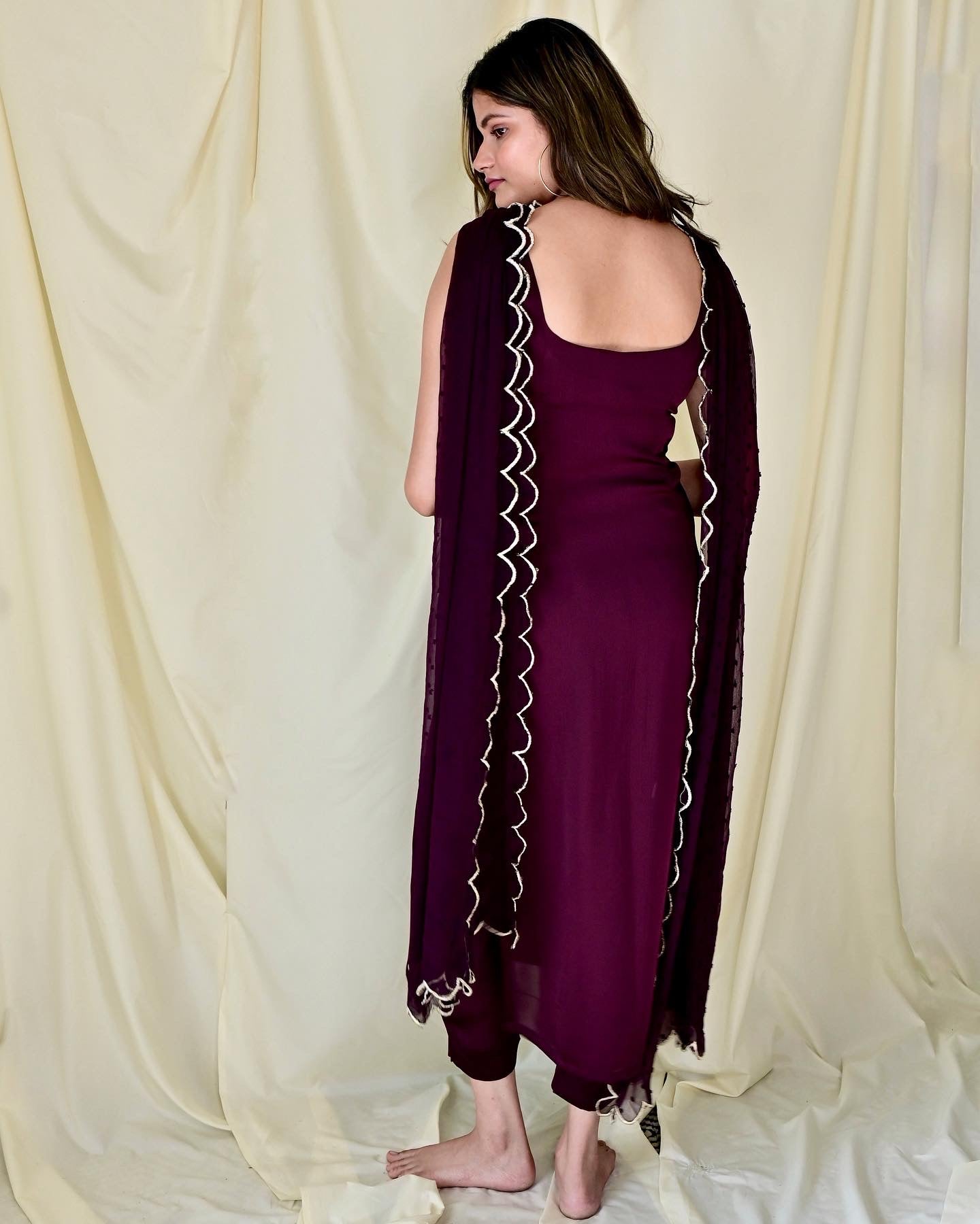 Wine Embroidered Sleeveless Suit Set