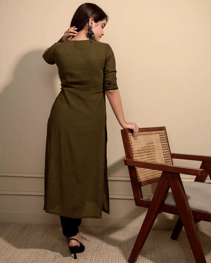 Olive green Cactus High Slit Kurta Set