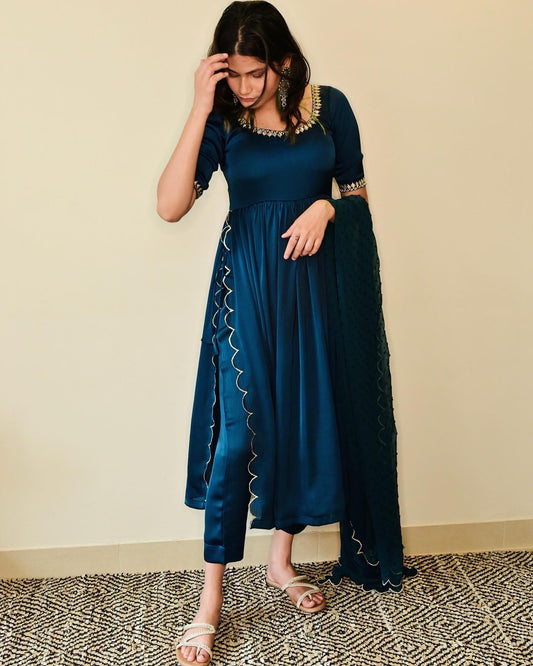 Peacock Blue Embroidered High Slit Suit Set