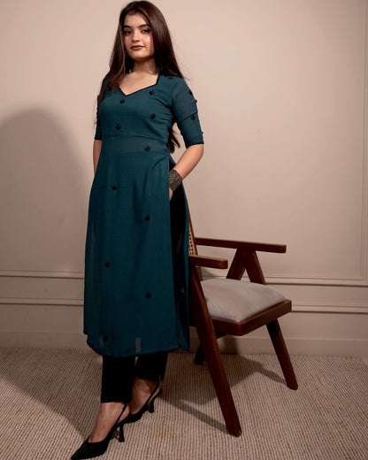 Teal Cactus High Slit Kurta Set