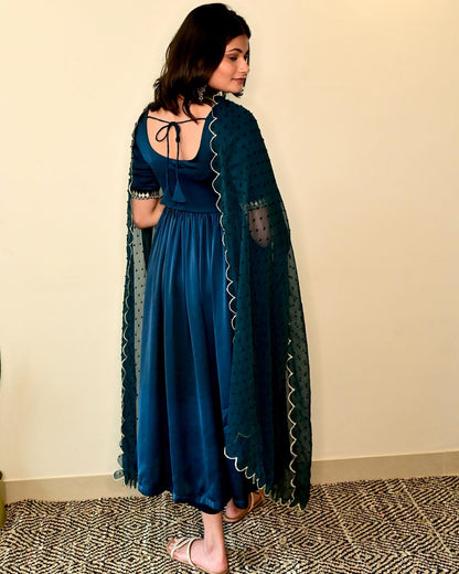 Peacock Blue Embroidered High Slit Suit Set