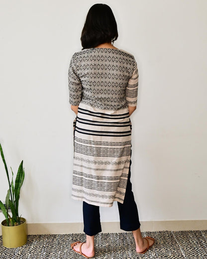 Beige & Black Printed Kurta Set
