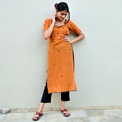 Mustard Cactus Embroidered High Slit Kurta Set