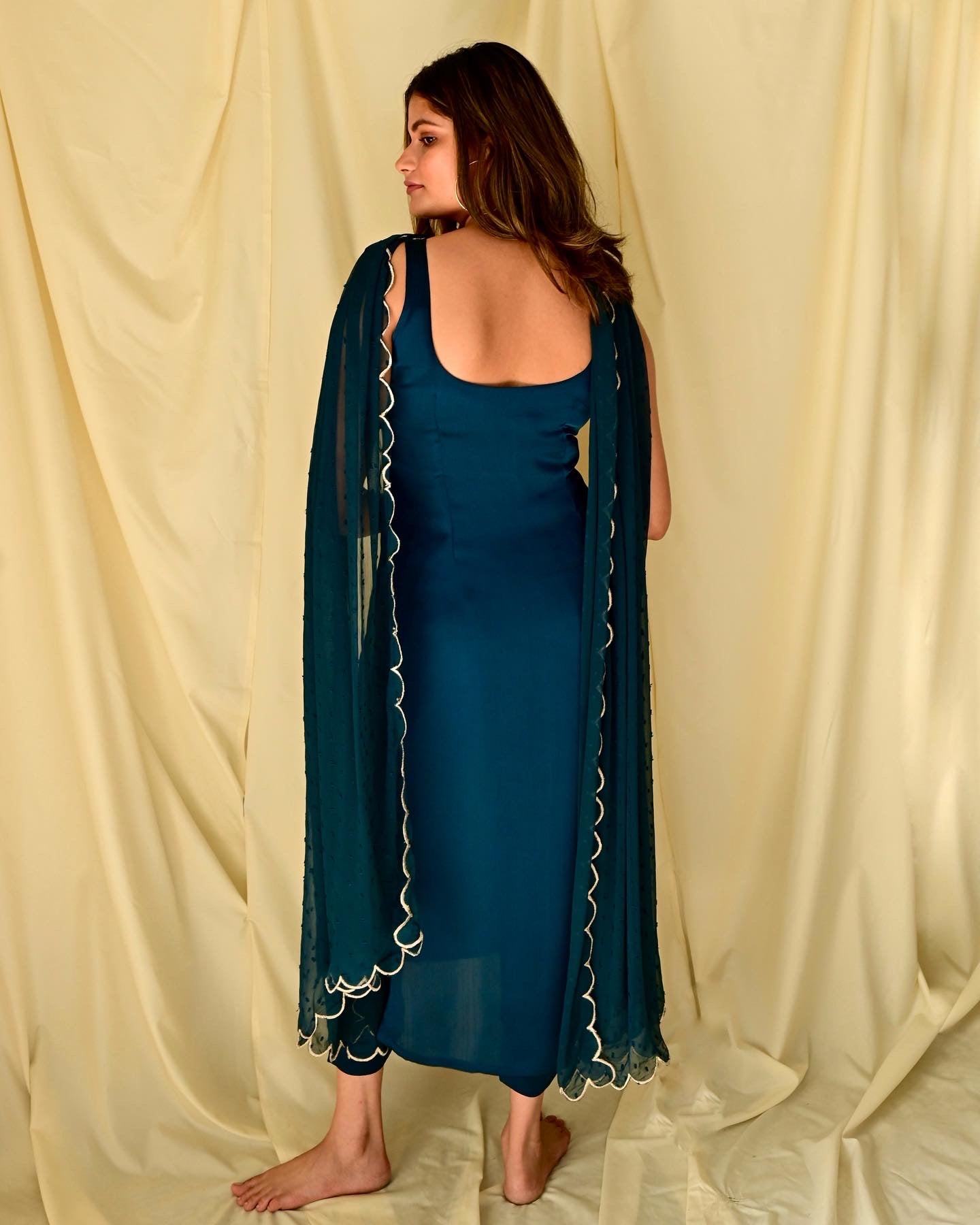 Peacock Blue Sleeveless Embroidered Suit Set