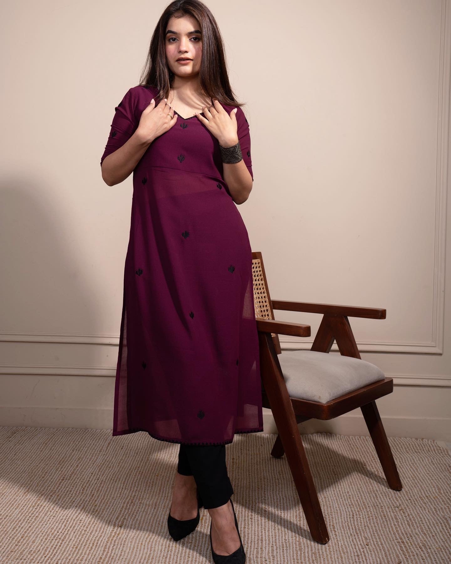 Deep Purple Cactus High Slit Kurta Set