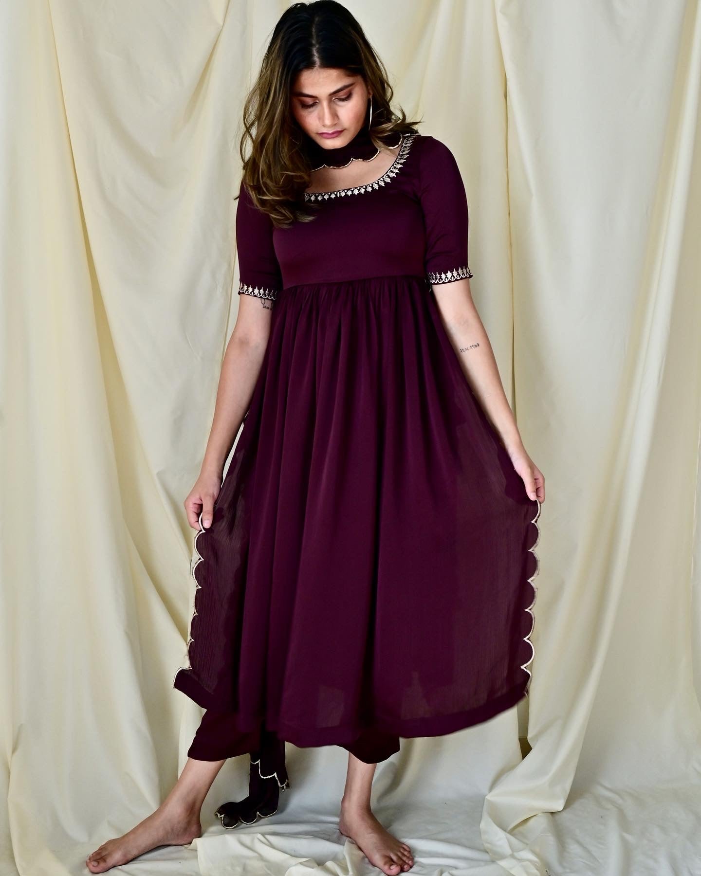 Wine Embroidered High Slit Kurta Set