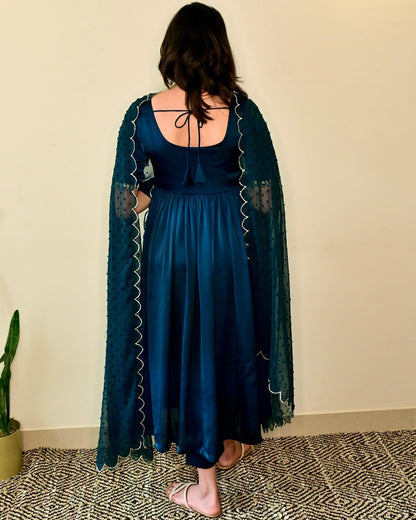 Peacock Blue Embroidered High Slit Suit Set