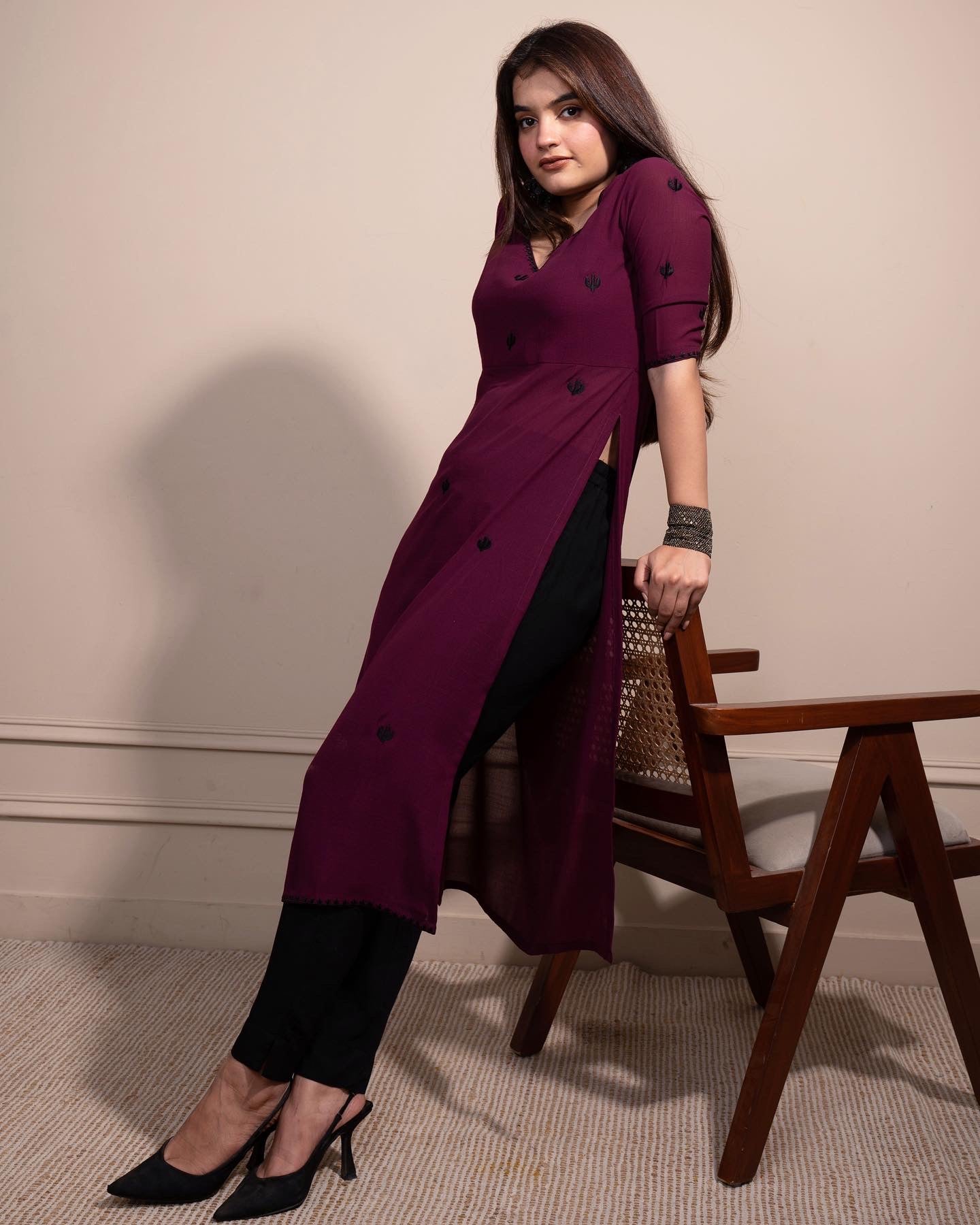 Deep Purple Cactus High Slit Kurta Set