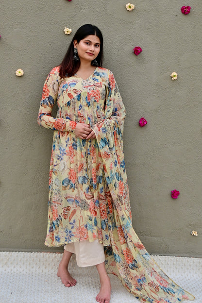 Beige Botanical Kurta Set