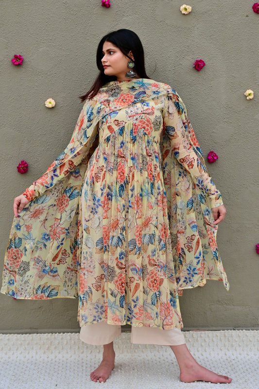 Beige Botanical Kurta Set