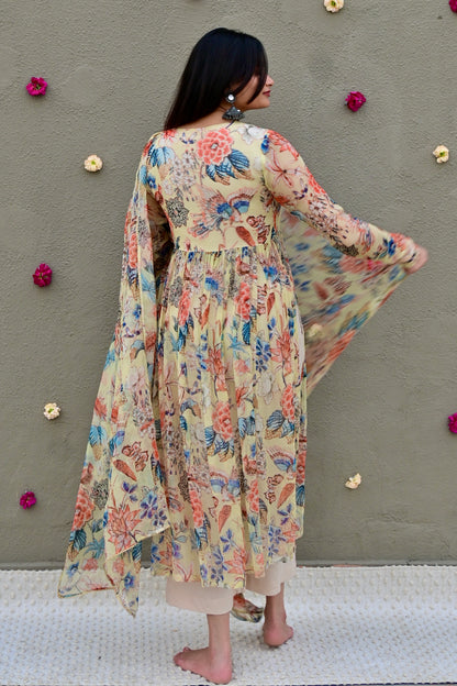 Beige Botanical Kurta Set