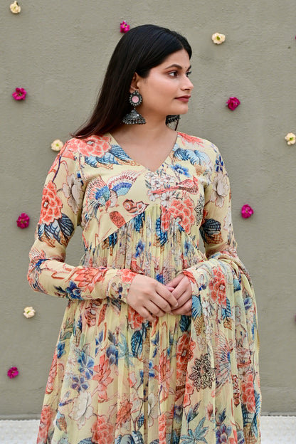 Beige Botanical Kurta Set