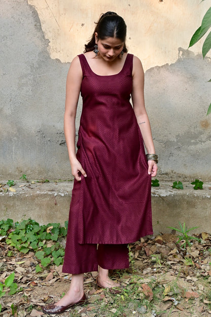 Wine Textured Kurta Set