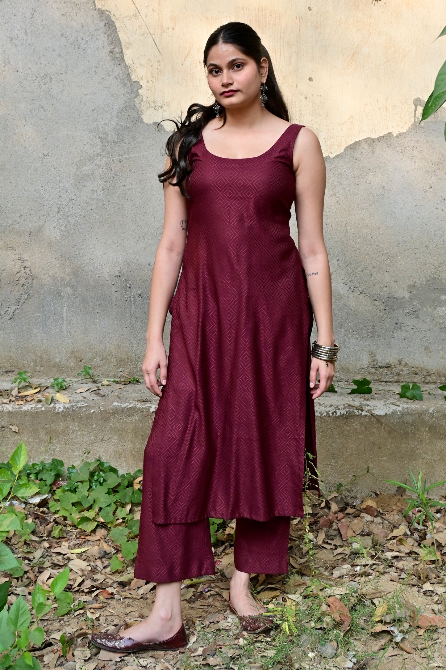 Wine Textured Kurta Set