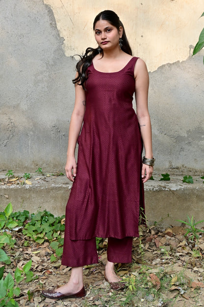 Wine Textured Kurta Set