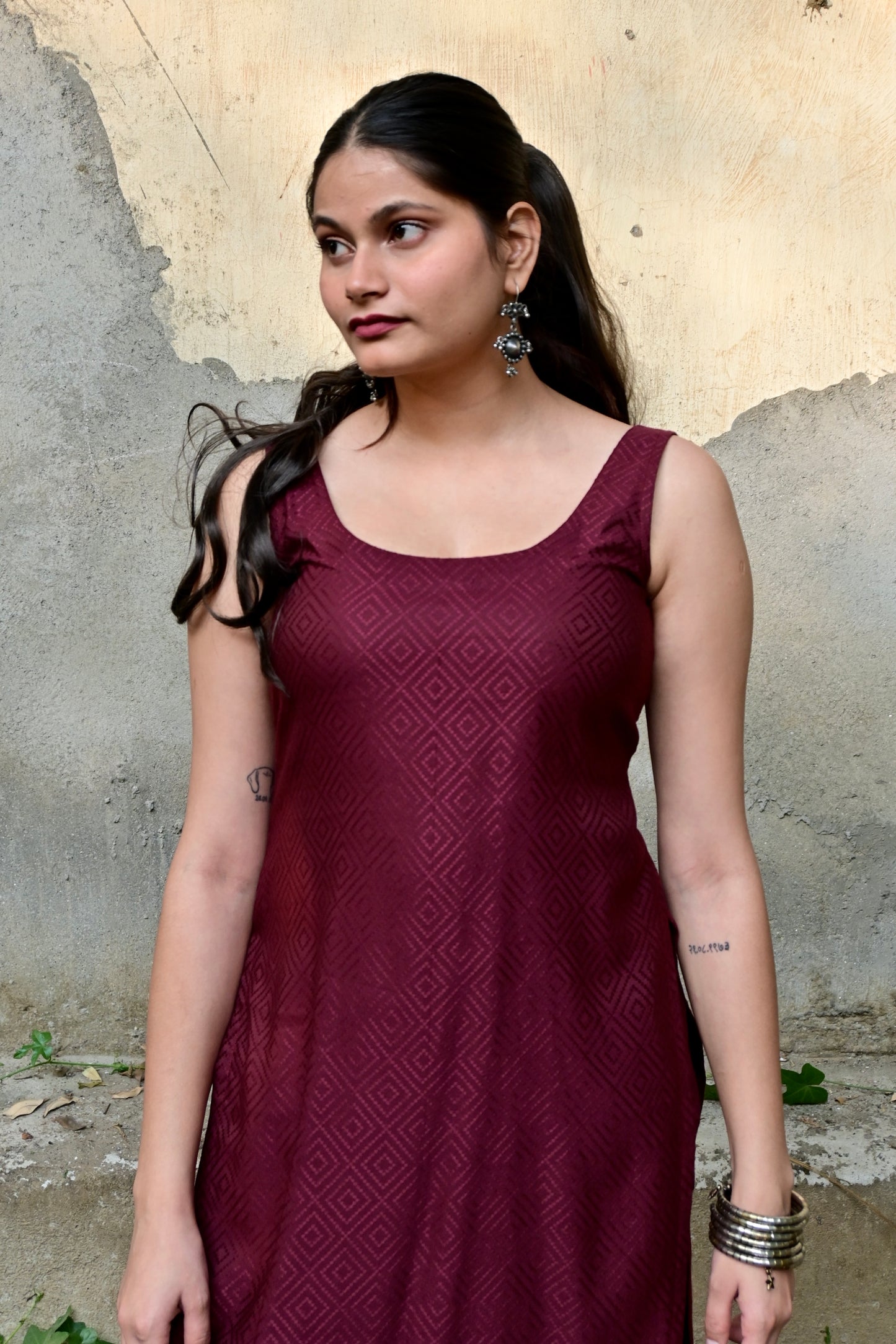 Wine Textured Kurta Set