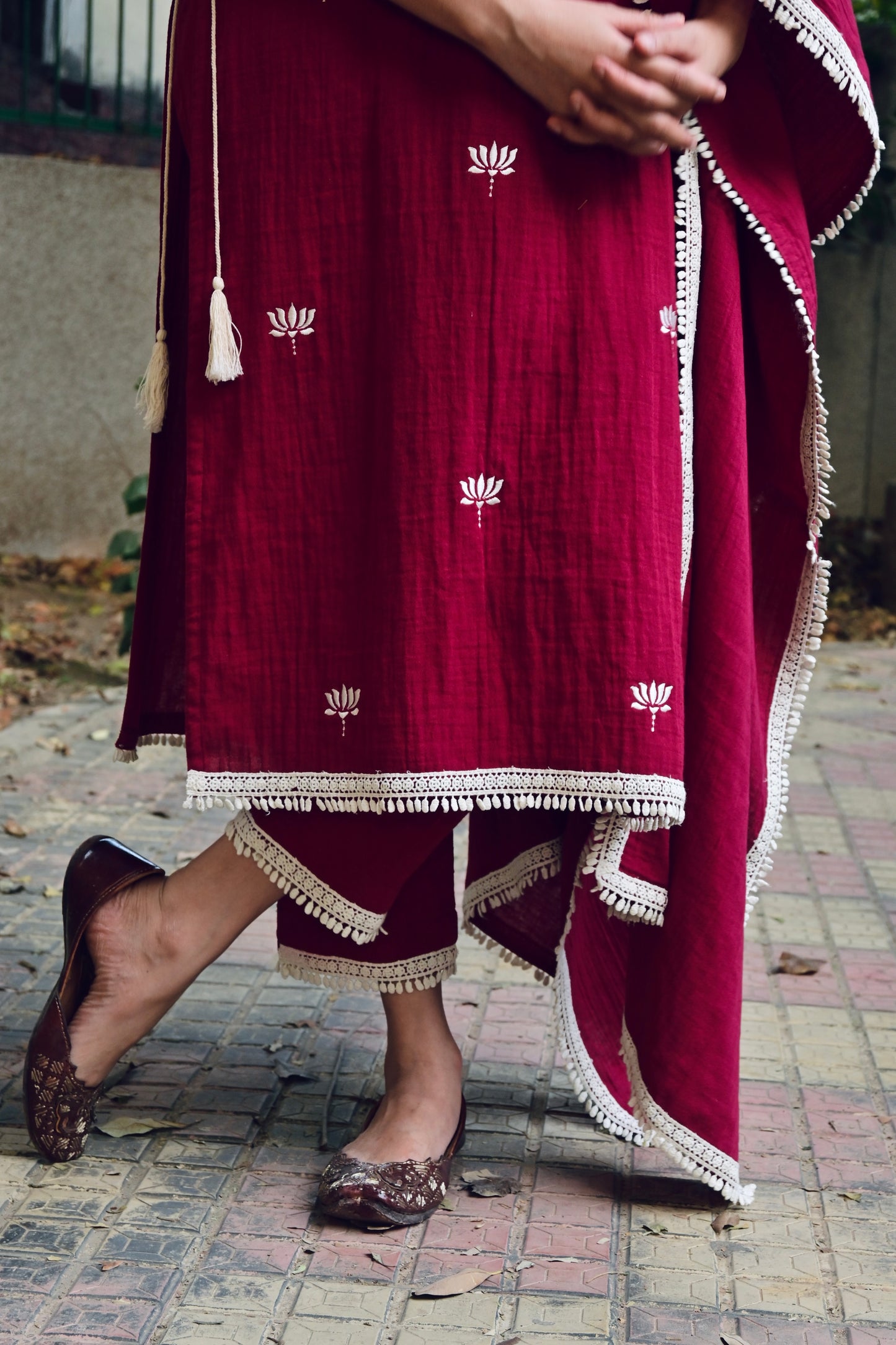 Magenta Pink Lotus Embroidered High Slit Kurta Set