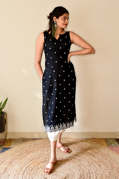 Black Floral Embroidered Sleeveless Kurta Set