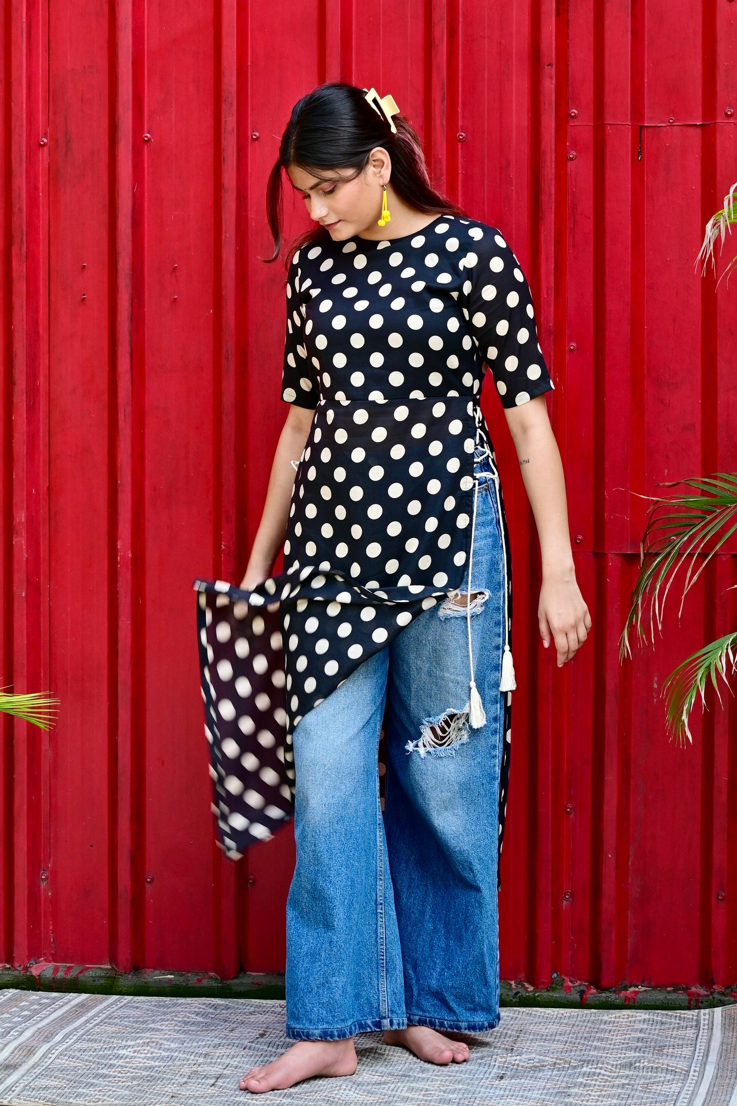 Black Polka High Slit Suit Set