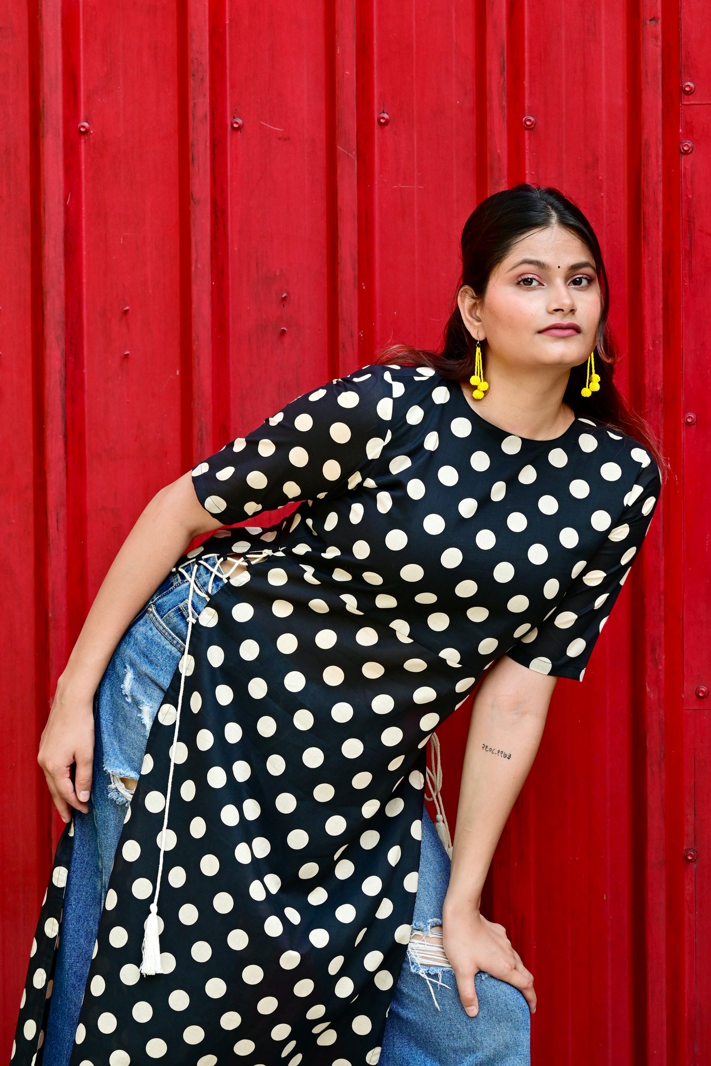 Black Polka High Slit Suit Set