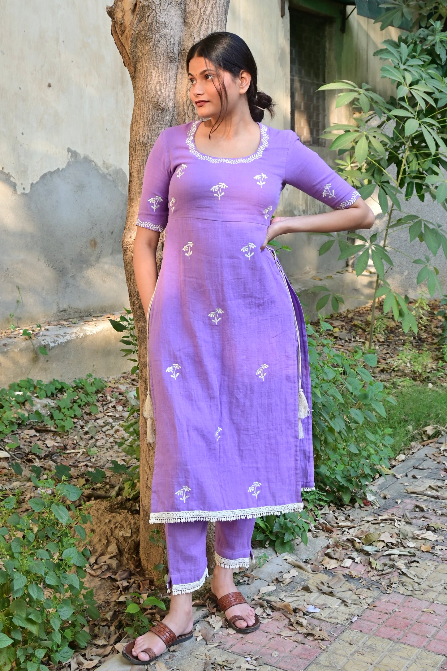 Lavender Floral Embroidered High Slit kurta Set