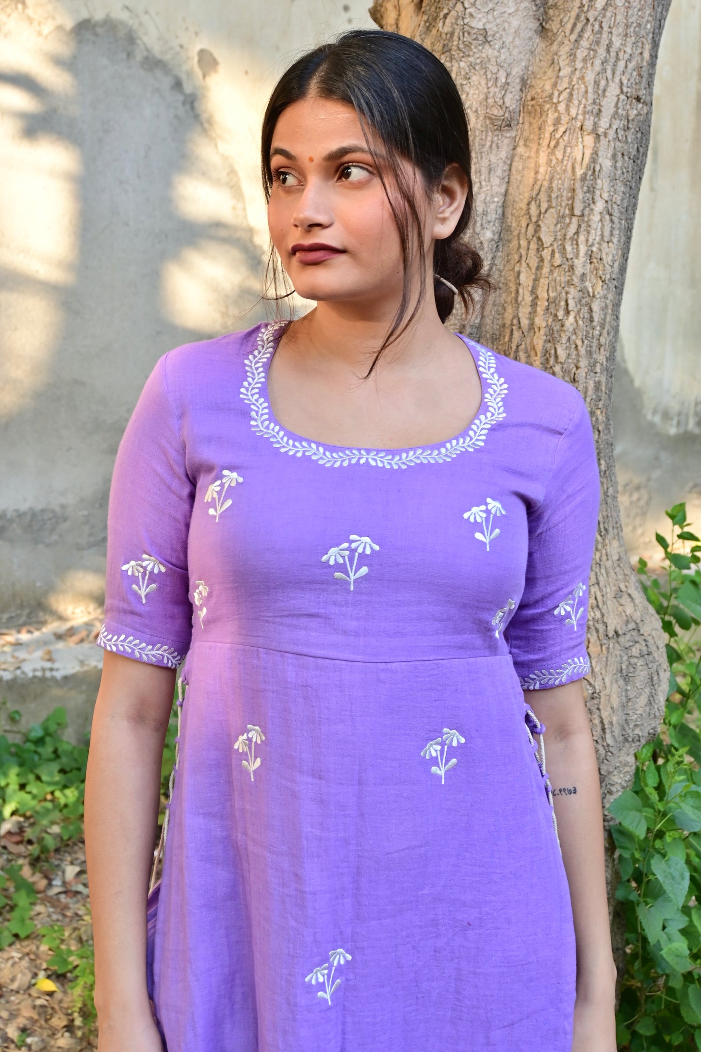 Lavender Floral Embroidered High Slit kurta Set