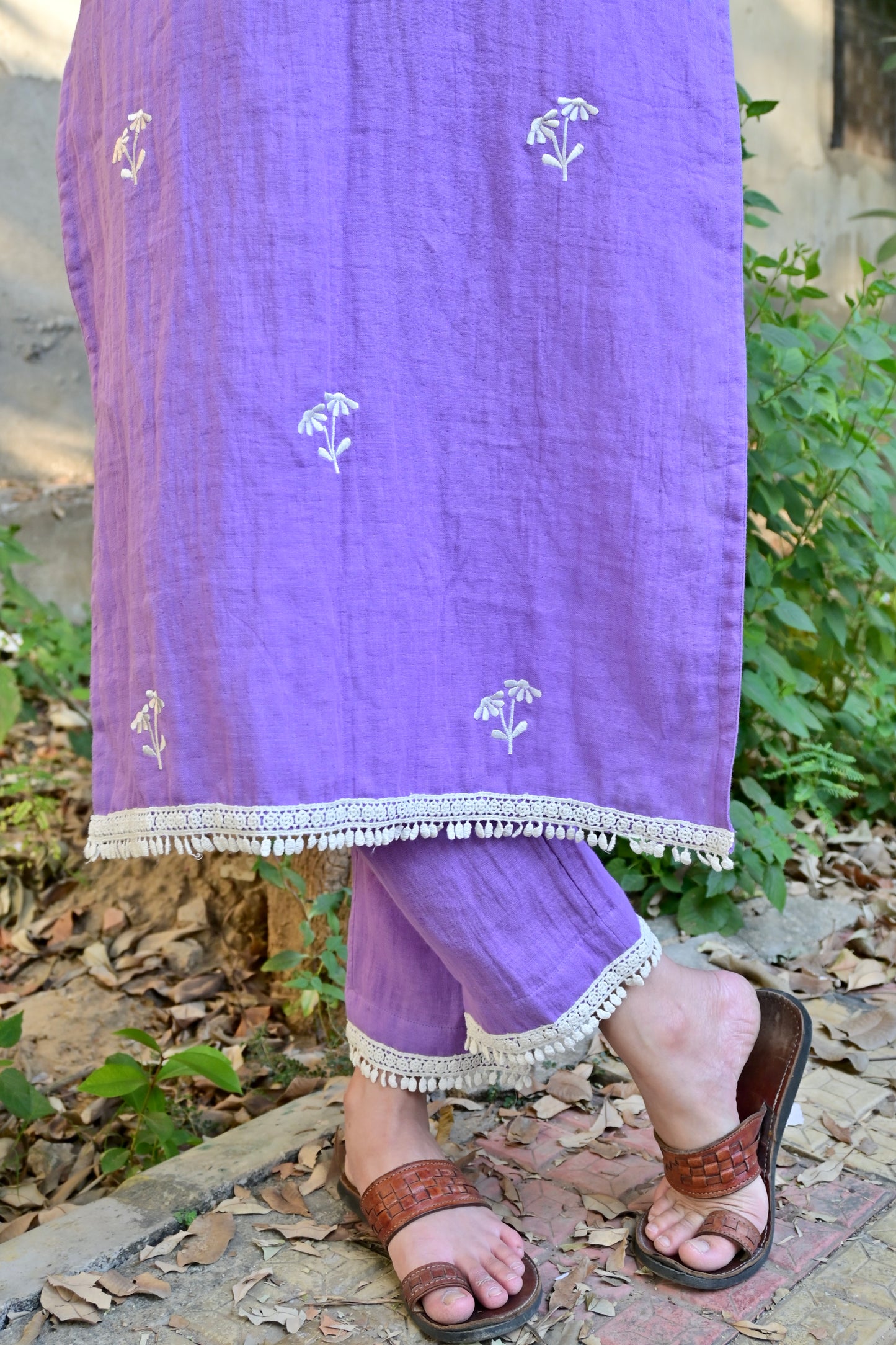 Lavender Floral Embroidered High Slit kurta Set