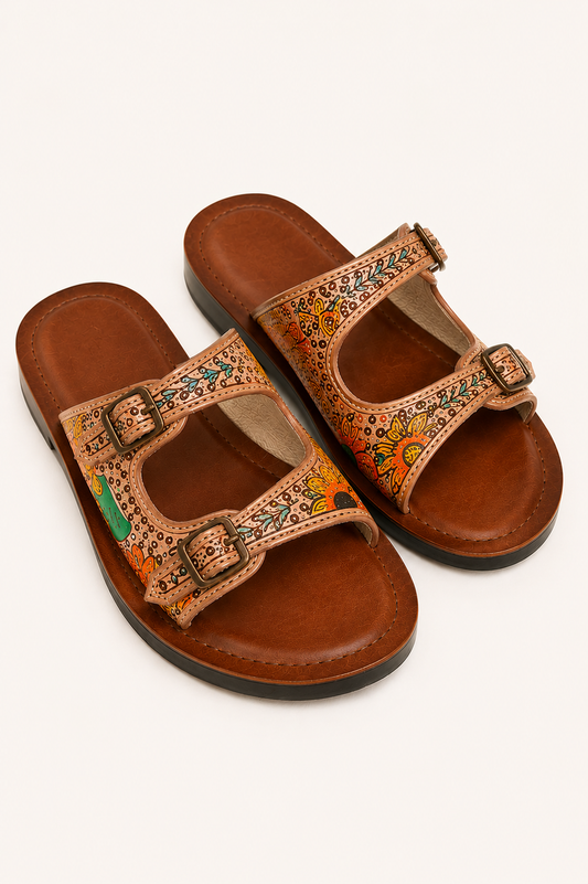 Double Buckle Floral Slide