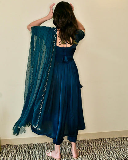 Peacock Blue Embroidered High Slit Suit Set