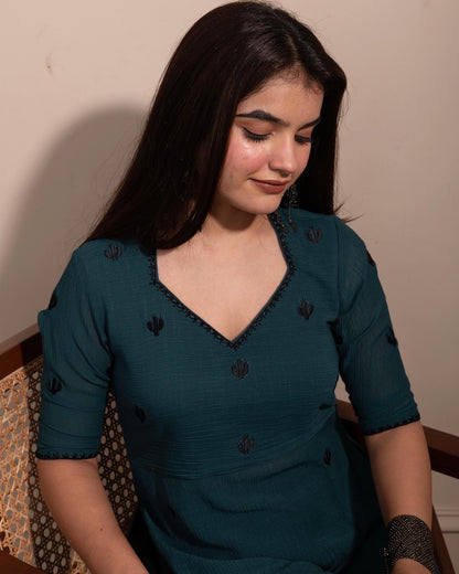 Teal Cactus High Slit Kurta Set