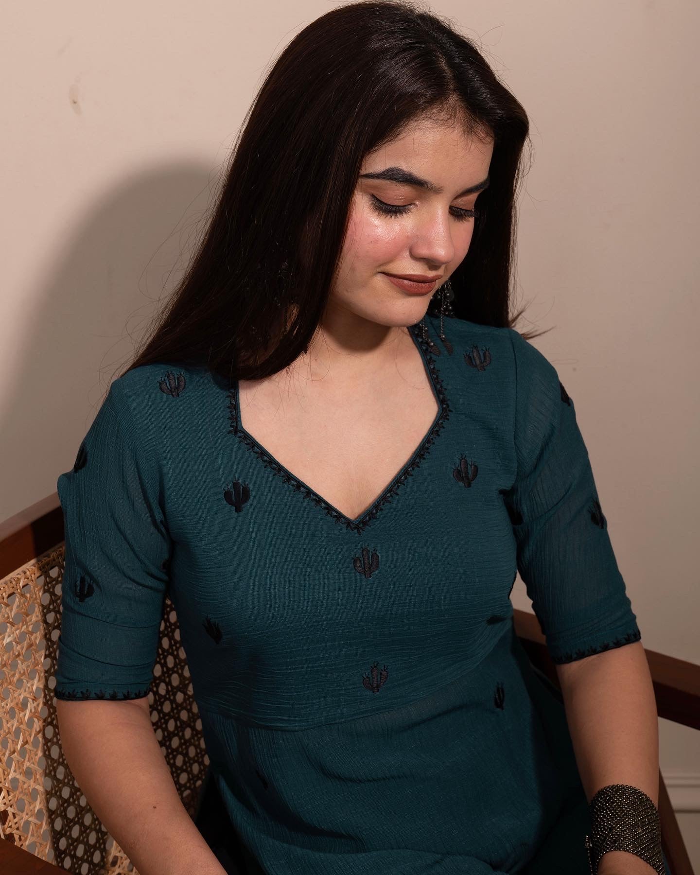 Teal Cactus High Slit Kurta Set