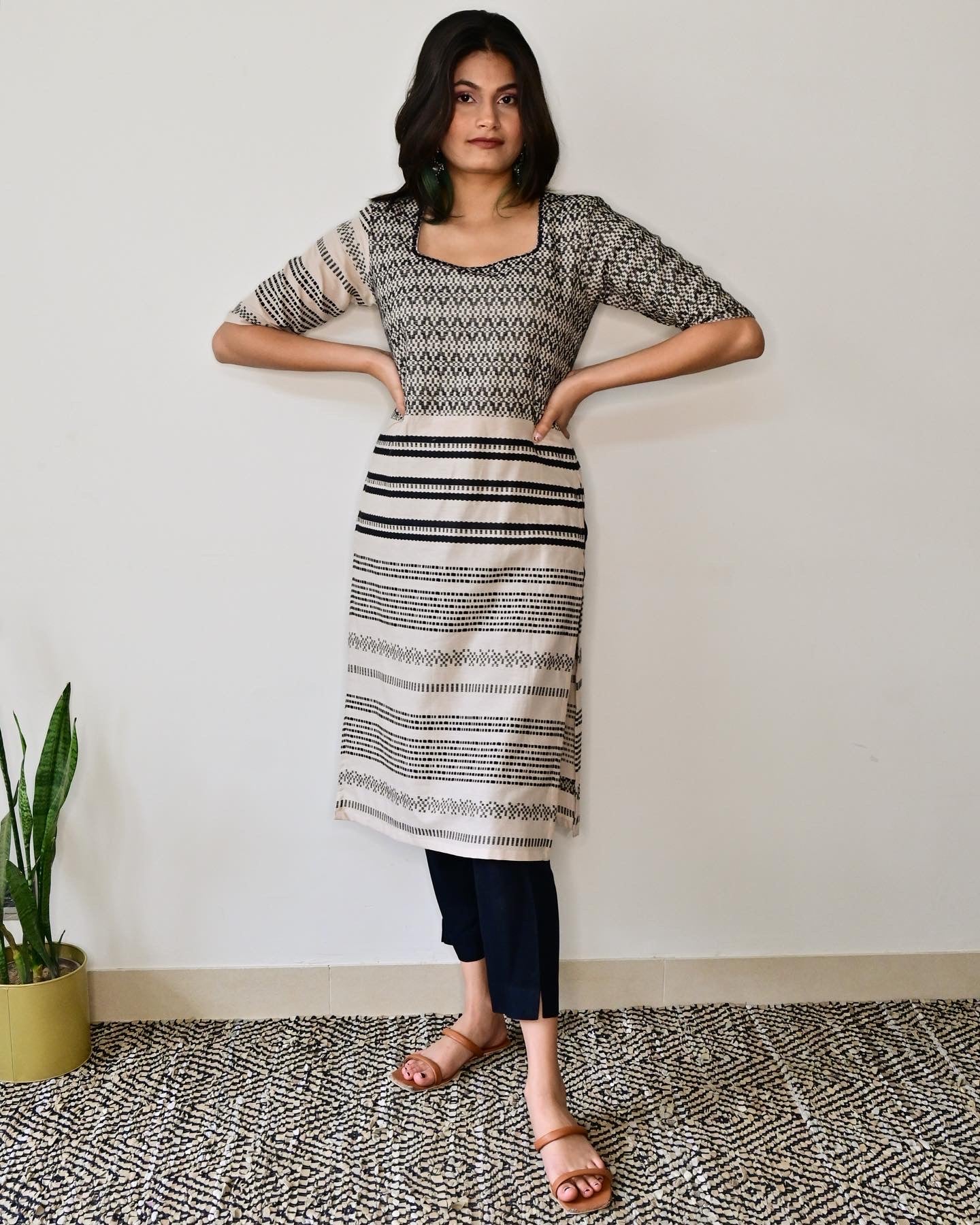 Beige & Black Printed Kurta Set