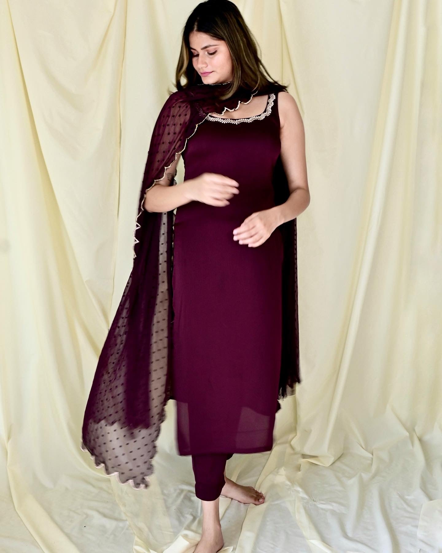 Wine Embroidered Sleeveless Suit Set