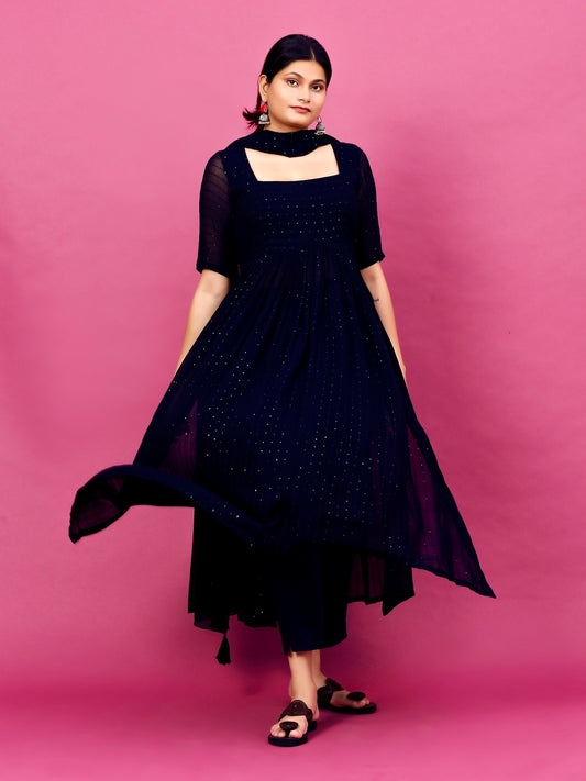 Twinkling Blue High Slit Suit Set