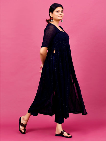 Twinkling Blue High Slit Suit Set