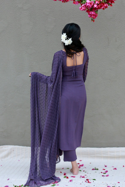Muted lilac full sleeves kurta pants & dupatta (Set of 3)