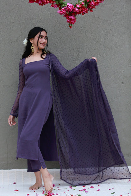 Muted lilac full sleeves kurta pants & dupatta (Set of 3)