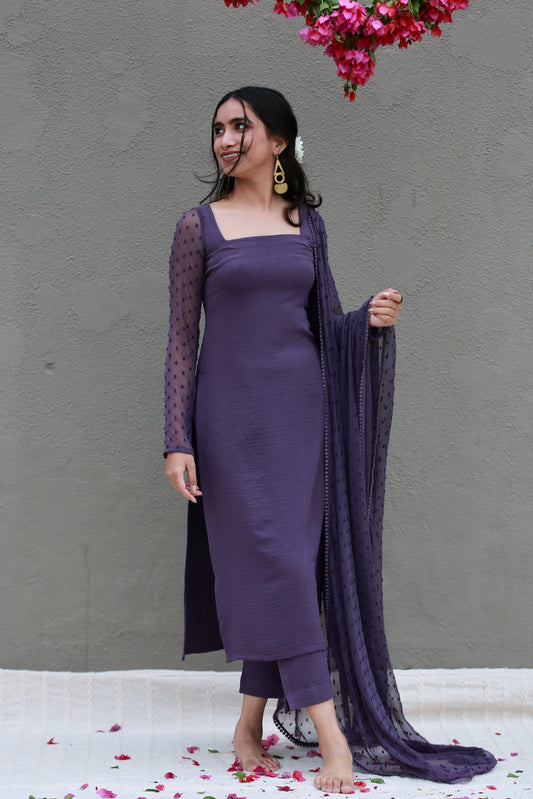Muted lilac full sleeves kurta pants & dupatta (Set of 3)