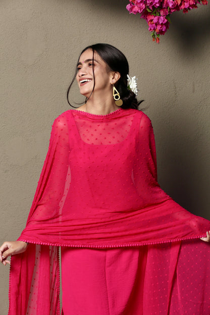 Hot pink sleeveless kurta pants & dupatta (Set of 3)