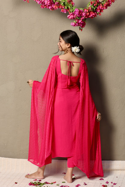Hot pink full sleeves kurta pants & dupatta (Set of 3)