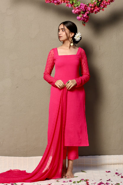 Hot pink full sleeves kurta pants & dupatta (Set of 3)