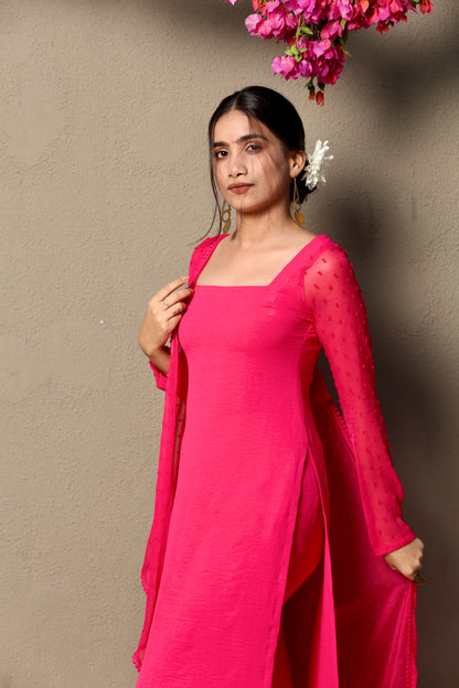 Hot pink full sleeves kurta pants & dupatta (Set of 3)