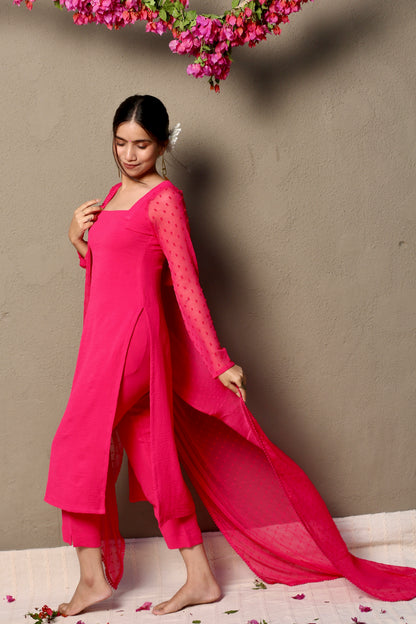Hot pink full sleeves kurta pants & dupatta (Set of 3)